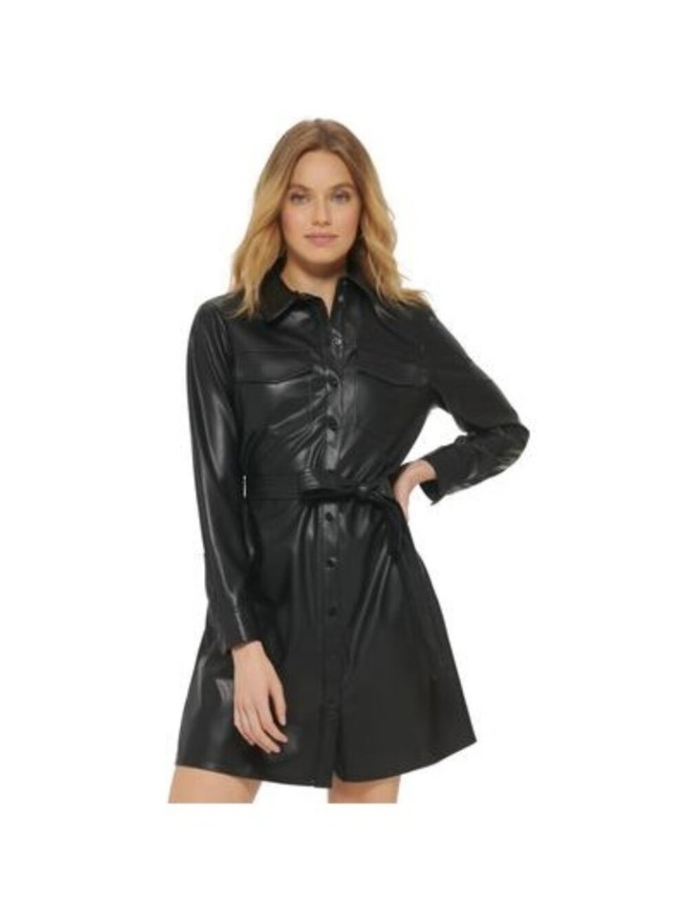 DKNY Womens Faux Leather Mini Shirtdress Black Size XS Defected